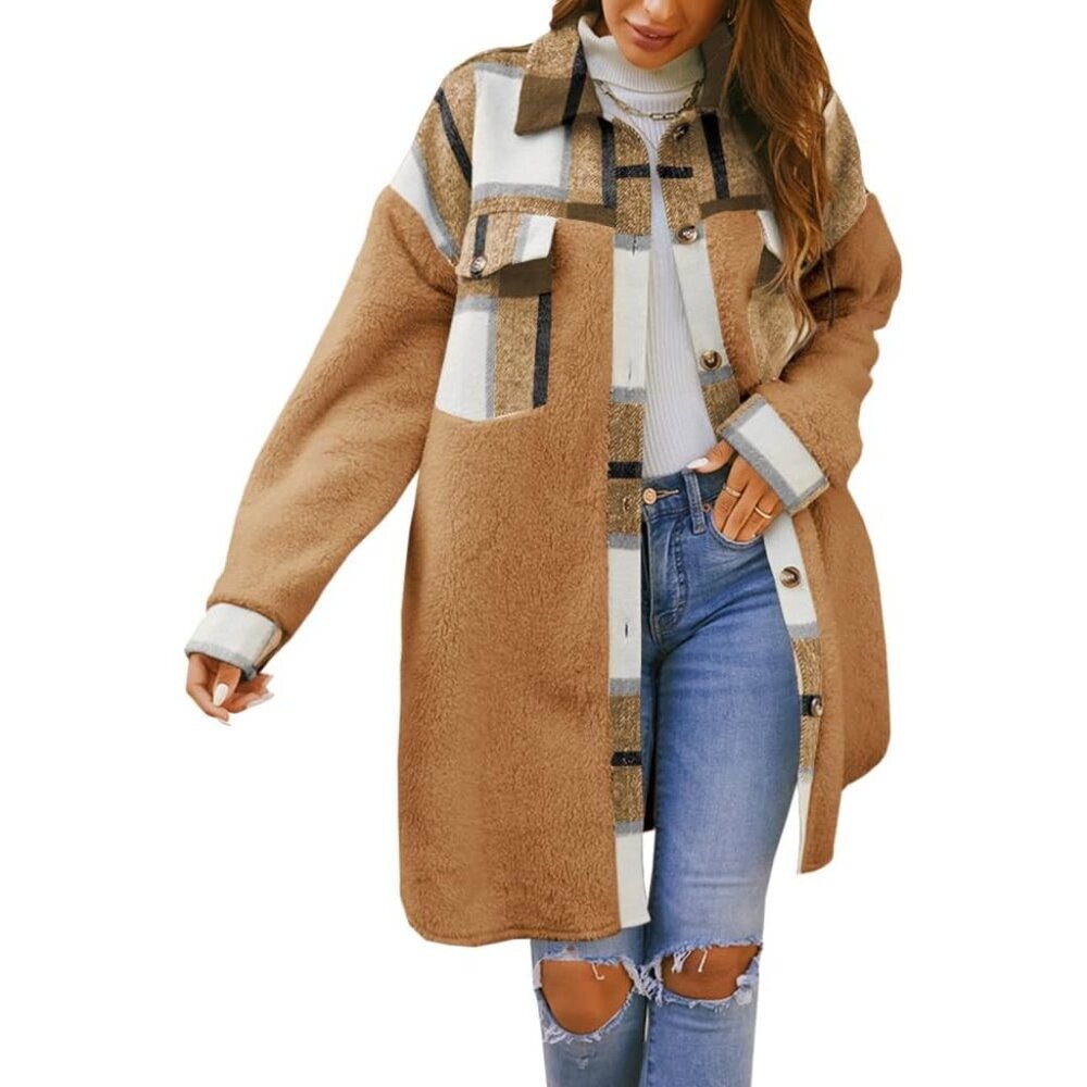 Casual Women’s Oversized Fleece Shacket in Camel - Stylish Winter Coat XL
